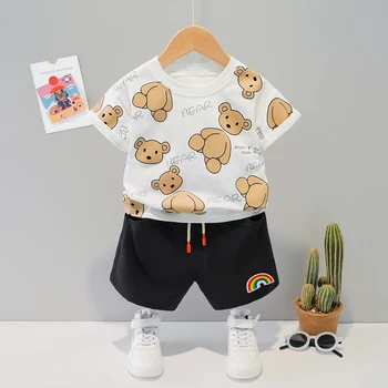 Urs drăguț Copil Băiat în Costum de Vară 2-Bucata Set de Modă Casual de Bumbac Respirabil cu Mânecă Scurtă, pantaloni Scurți